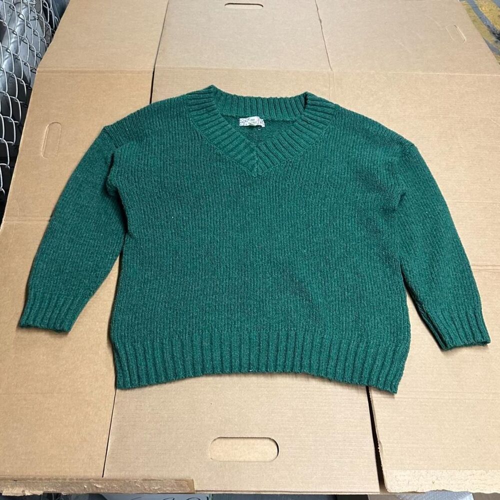 Pink Republic Chunky V Neck Sweater Emerald Green Oversized Knit XL